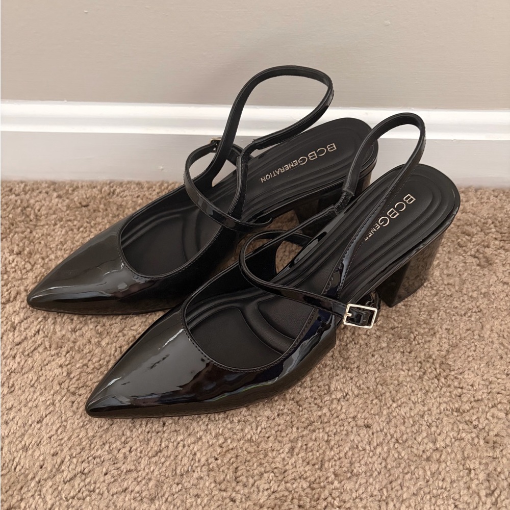 BCBG Patent Black Strappy Mary Jane Heels